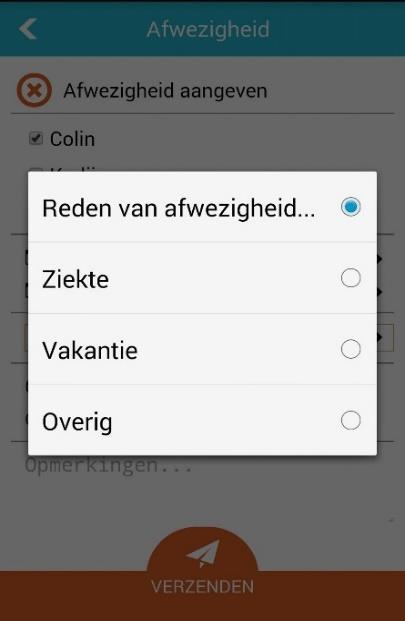 Wanneer je alles hebt ingevuld en gecheckt of de data kloppend zijn druk je op verzenden om de afwezigheid door te voeren.