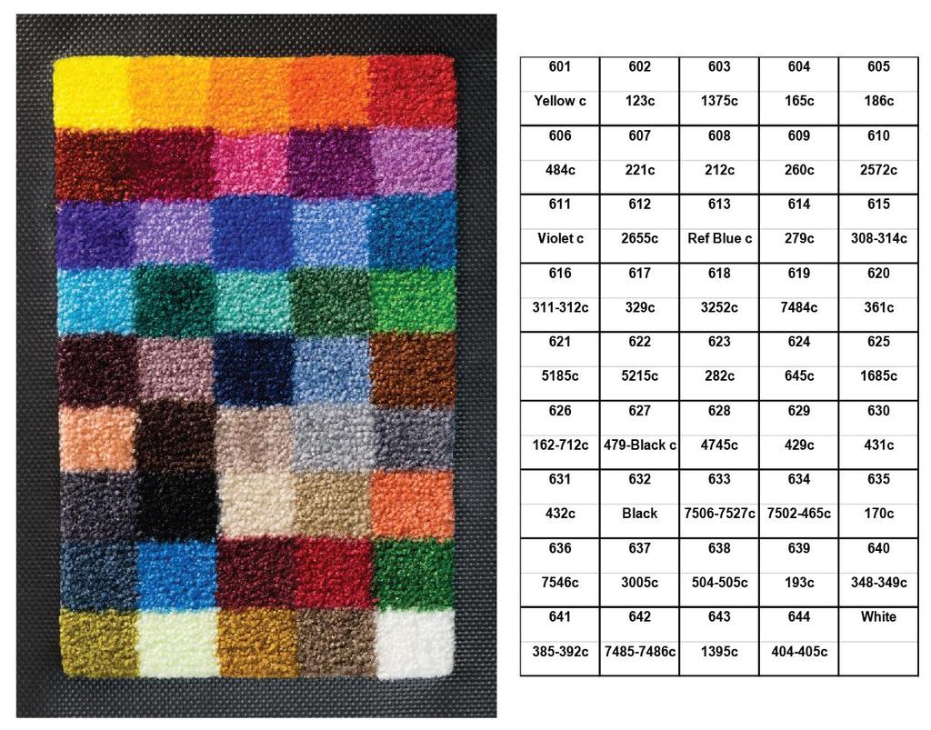 Kleuren Hieronder staan onze 45 basiskleuren waaruit u kan kiezen. Kleuren zijn gekalibreerd ingescant van het originele tapijtmonster. Let op, de kleuren kunnen er op uw scherm anders uitzien.