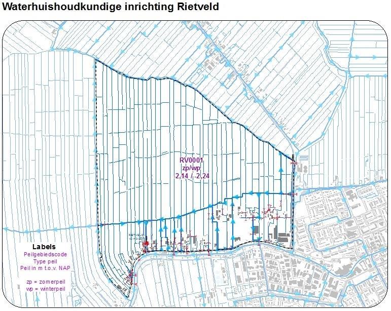 Kaart: Peilen Rietveld Peilbesluit Rietveld Peil vigerend peilbesluit, praktijkpeil en ontwerp peil in gebied RV0001 Vigerend peilbesluit (m t.o.v.nap) Praktijkpeil (m t.o.v.nap) Ontwerp peil nieuwe peilbesluit (m t.