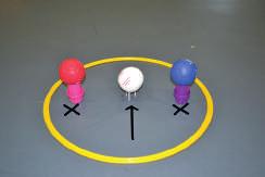 24 ers: 2 tot 4 spelers naast elkaar 1 ring of hoepel 1 potje met blauwe bal op 1 potje met rode bal op 1 witte bal op voetje 1. Rol naar je eigen kleur en duw de bal van de sokkel.