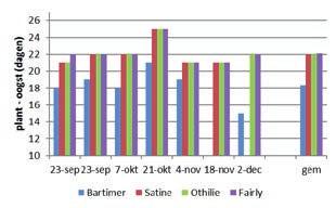 Wederom was de groeiperiode bij Bartimer het kortst, namelijk 18 à 19 dagen en bij Fairly in het voorjaar met 25 dagen het langst. De sla was dus ca.