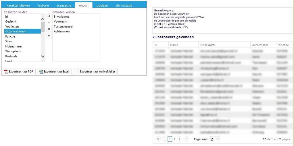 Stap 4: Ga naar het tabblad export. Aan de rechterkant van het scherm staat hoeveel bezoekers voldoen aan criteria van de opgebouwde query. Daaronder staan de gegevens van die bezoekers.