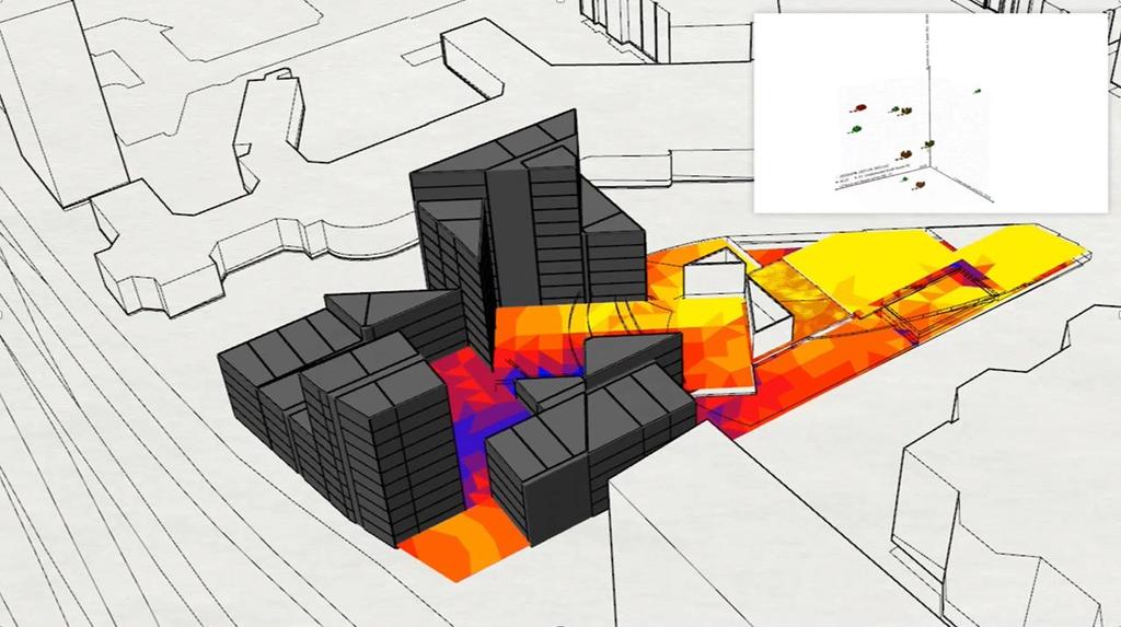 Parametrisch modelleren Optimaal comfort in park: Maximale bezonning in het park Minimale geluidniveaus in park en op gevels Maximaal aantal zichtlijnen op het park Minimale