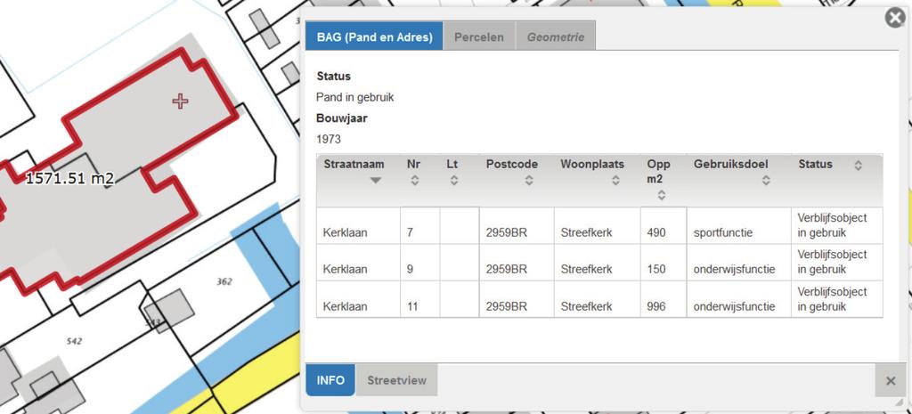 Informatiescherm: In de tabbladen boven zijn de verschillende raadpleegbare lagen zichtbaar.