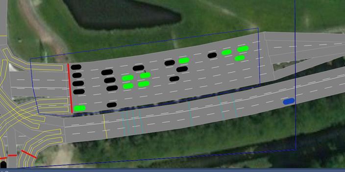 TNO-rapport TNO 2019 R10146 70 / 93 Figuur D.7 Stilstaand verkeer met zichtbare stopafstanden voor een verkeerslicht. Zwarte voertuigen zijn CACC-voertuigen, groene voertuigen zijn manuele voertuigen.