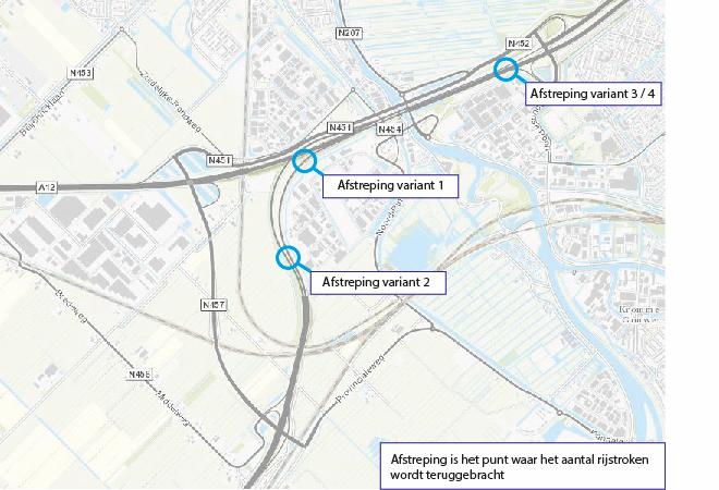 Figuur 1: Locatie van afstreping bij varianten 1, 2, 3 en 4 schematisch weergegeven.