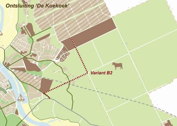 Figuur 4.8. Varianten van de nieuwe ontsluiting van glastuinbouwgebied De Koekoek (B) In variant B0 wordt de bestaande ontsluitingsroute van De Koekoek verder benut.