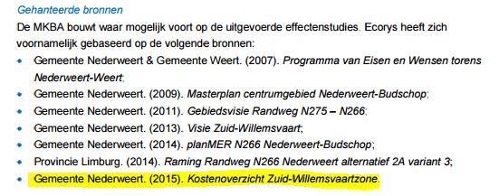 Feedback 1.3 Uitgangspunten De gemeente Nederweert heeft pas in September 2015 een Kostenoverzicht Zuid- Willemsvaartzone laten opstellen door adviesbureau Brouwers uit Roermond.