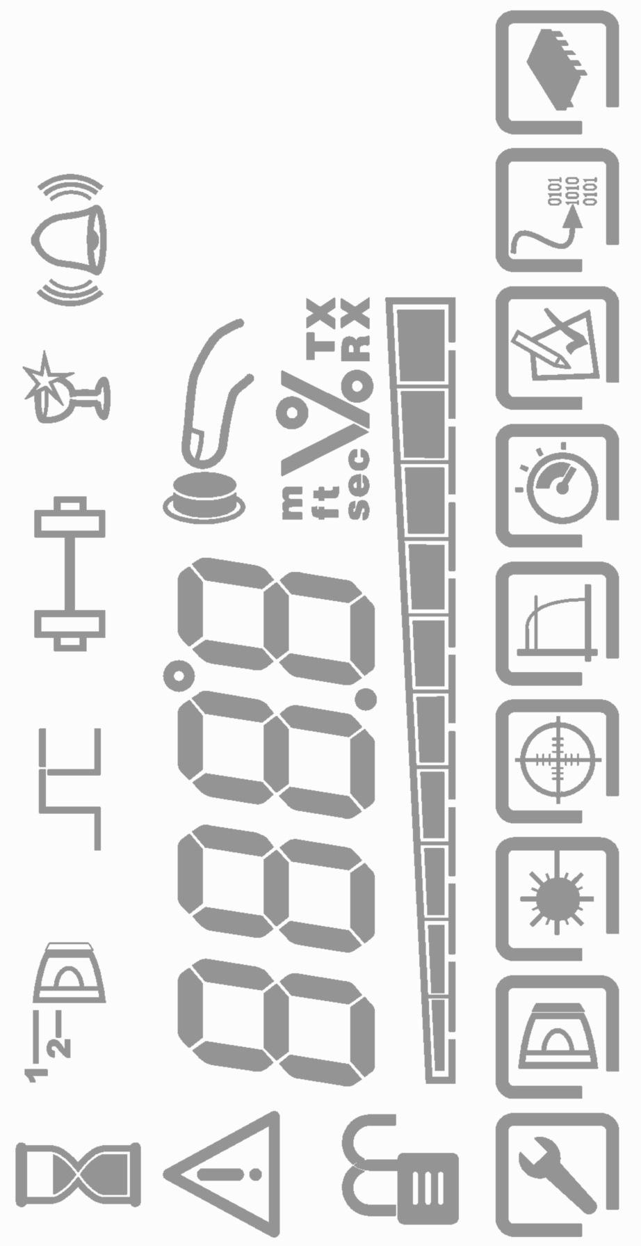 5. Display en indicatoren - LCD-pictogram Lay-out Bezig Detectornummer Vergrendeld / Reset Signaalsterkte Graden Seconden Voet Meter Aanwijzing voor gebruiker Compensatieniveau Brand Waarschuwing