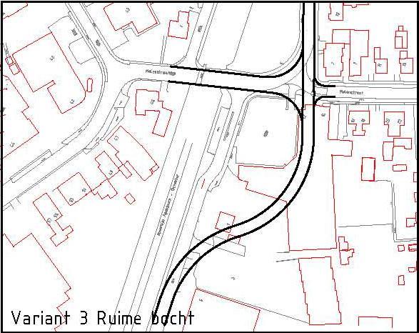 In variant 2 is de randweg met een krappe boog als doorgaande weg over het spoor vormgegeven. Het verkeer uit de Frans Halsstraat en Molenstraat moet voorrang verlenen.