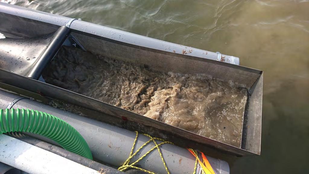 komt op een zeef naast de werkboot terecht (onder) waarbij het fijne sediment en zand gezeefd wordt en de