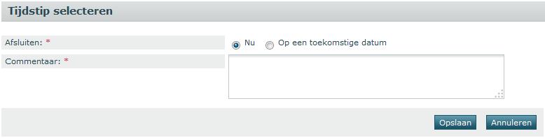 4.6 Een dossier afsluiten Als de einddatum van een dossier bereikt is, wordt het dossier automatisch afgesloten. Het krijgt dan de status Verstreken.