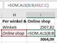 Ik wil weten wat de opbrengst van alle winkels is en ik ben ook benieuwd naar de omzet van de online shop. Ook nu komt de functie SOM.ALS van pas.