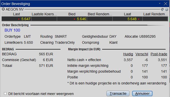 Daarna volgt een scherm met de samenvatting van het order, het totaalbedrag, de commissie en de invloed op de margin. Indien je op Transactie klikt, wordt het order meteen naar de beurs verstuurd.