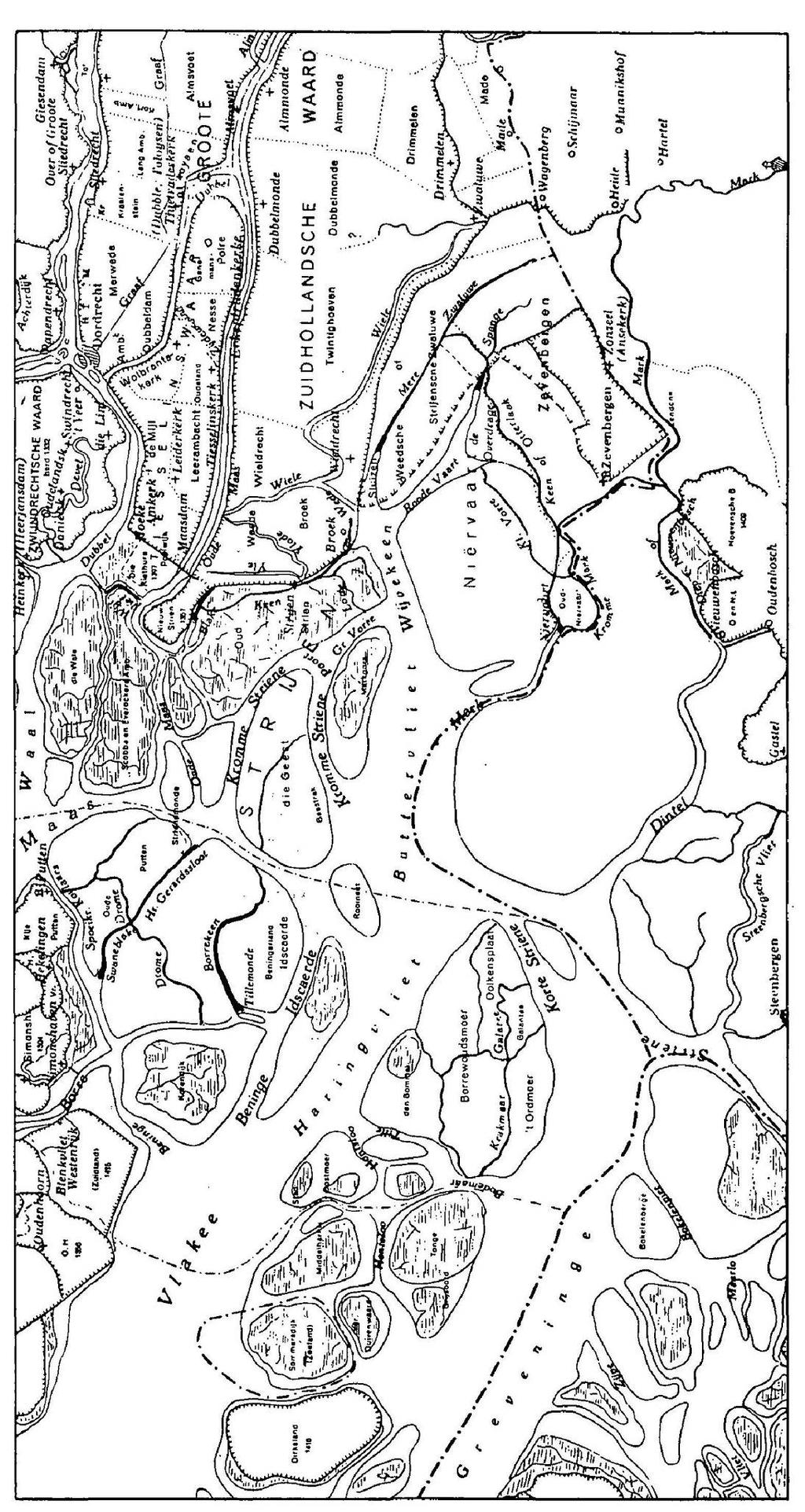 Afbeelding 11. Omgeving van de onderzoekslocatie (omcirkeld) omstreeks 1421, vóór de St. Elizabethsvloed.