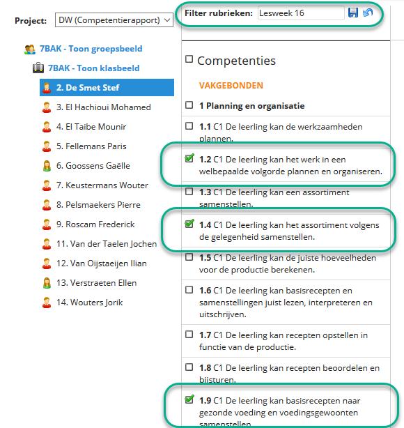 Stap 4 Je kan nu een nieuwe evaluatie aanmaken die gebaseerd is op je bewaarde filter. Kies eerst de filter die je nodig hebt en je zal zien dat enkel de aangevinkte competenties zichtbaar zijn.