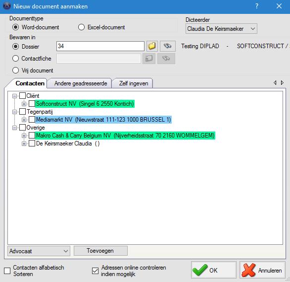 Adrescontrole 7 Adressen online controleren Bij het maken van een document kunnen de adresgegevens van één of meerdere partijen automatisch online gecontroleerd worden op basis van hun KBO-nummer.