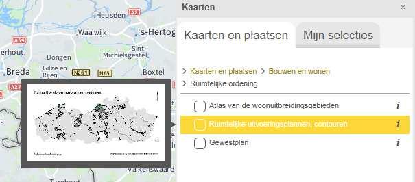 1. Voorbeeldweergave van de kaartlaag Als je met de muis over de laag gaat, krijg je (indien beschikbaar) een voorbeeldweergave van de laag.