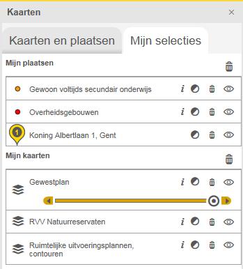 Per kaartlaag of per plaats staan telkens vier icoontjes: 1. Informatie over de kaartlaag (zie Figuur 5). 2.