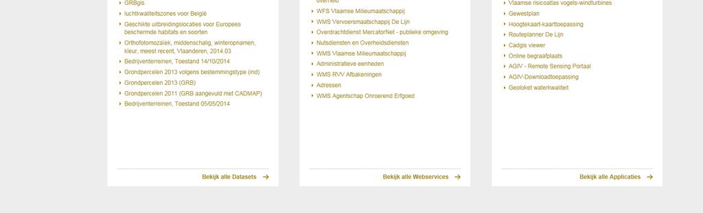 blokken met elk twee tabbladen. Elk blok begint met een grote knop. Als je op deze knop klikt, ga je naar een overzicht van alle beschikbare datasets, webservices en applicaties.