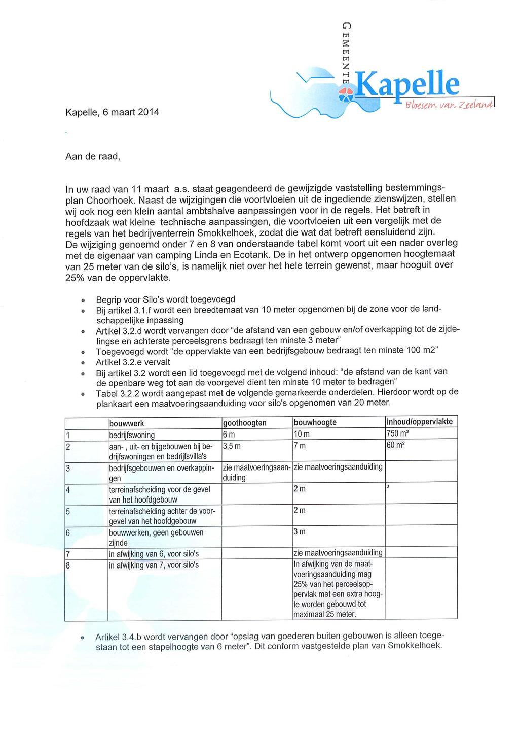 O m S m Kapelle, 6 maart 2014 Aan de raad, In uw raad van 11 maart a.s. staat geagendeerd de gewijzigde vaststelling bestemmingsplan Choorhoek.