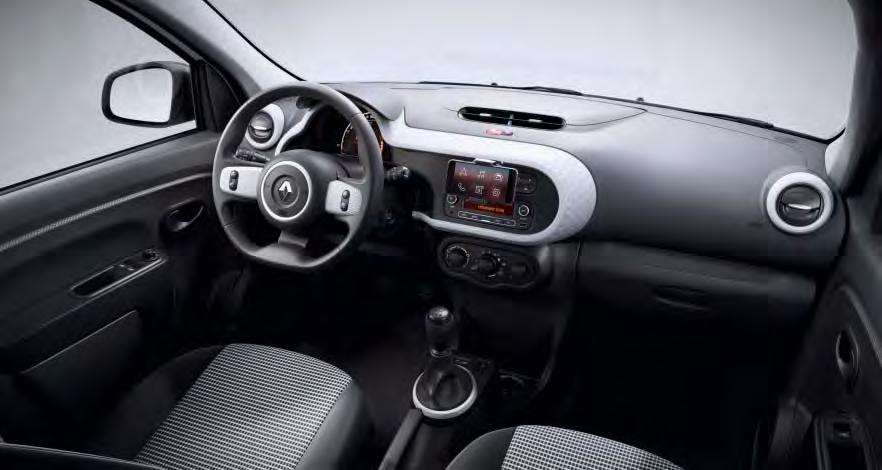 CARLAB Ambiances Getoonde auto bevat de optie Pack Essentiel Life Design & Gemak Het interieur van de nieuwe Twingo is comfortabel en hoogwaardig afgewerkt.