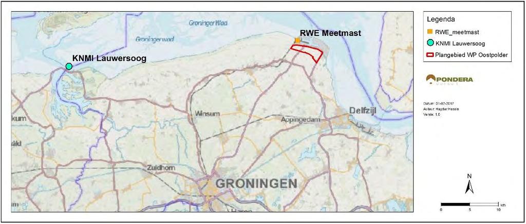 Pondera Consult WINDKLIMAAT Het lokale windklimaat is gebaseerd op windstatistieken van de nabijgelegen RWE meetmast in de Eemshaven en gegevens van meteorologische KNMI station Lauwersoog (Figuur 3.