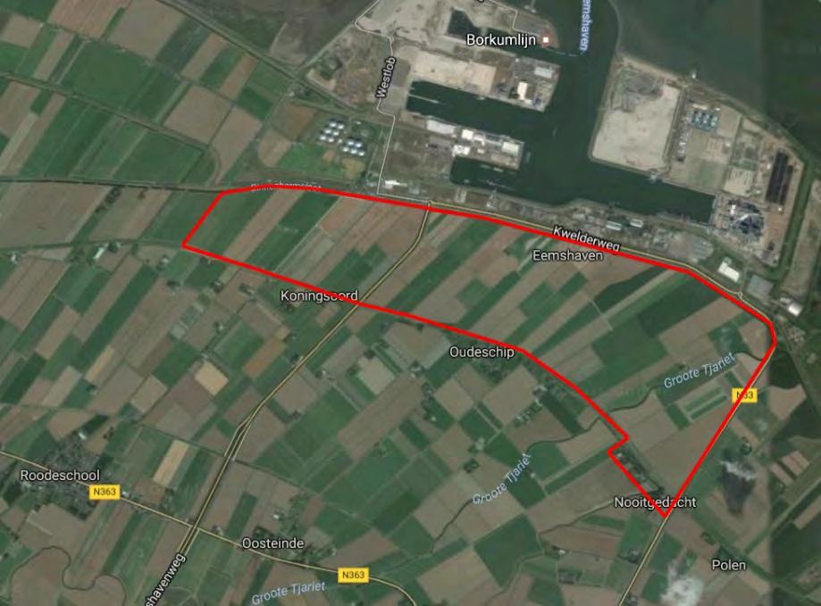 Pondera Consult Beschrijving locatie Windpark Oostpolder zal worden gerealiseerd ten zuiden van het geluidsgezoneerde industrieterrein Eemshaven in de provincie Groningen, zie Figuur 1.