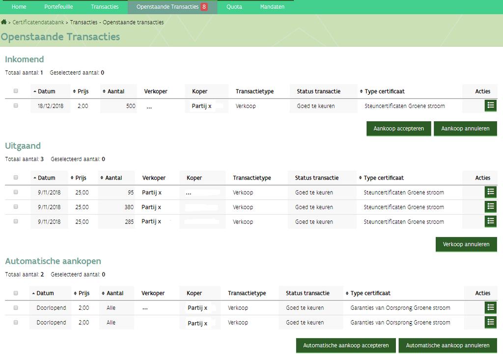 3.4 (Automatische) transacties annuleren of accepteren Bilaterale verkopen en zelfindieningen voor de jaarlijkse quotumverplichting moeten door de tegenpartij geaccepteerd worden voordat ze worden