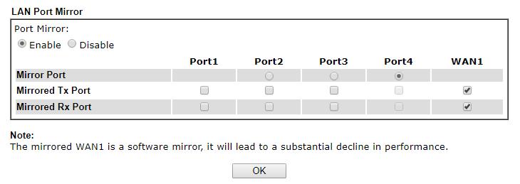 LAN Port Mirror Middels LAN Port Mirror kunt u aangeven welke LAN of WAN poorten u wilt mirroren. De Mirror Port is de poort waarop u een PC/Server kunt aansluiten waarop u Wireshark gebruikt.