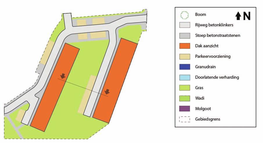Uitwerking Tabel 3.12 Naoorlogse tuinstad hoogbouw: plattegrond praktijkvoorbeeld. Kenmerken situatie: Lengte straat: 220 meter (twee portiekflats). Aantal woningen: 48.