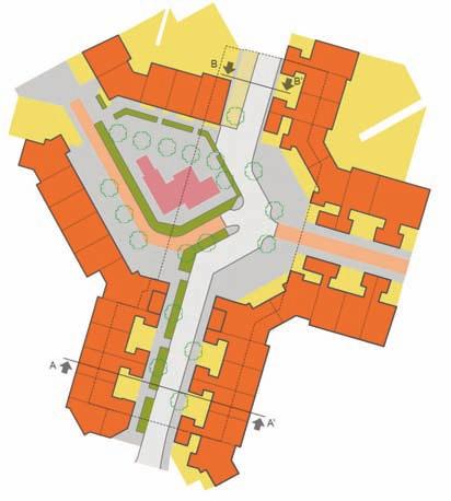 Uitwerking Figuur 3.20 Bloemkoolwijk: plattegrond praktijkvoorbeeld. Kenmerken: Lengte straat: 90 meter. Aantal woningen: 13. Een groot deel van de openbare ruimte is verhard (circa 50%).