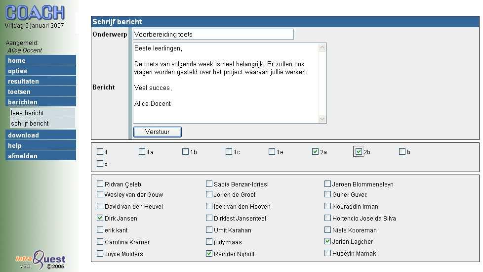 Figuur 7: bericht verzenden Bij het schrijven van een bericht vult u de volgende gegevens in: 1 Onderwerp 2 Tekst van het bericht 3 De klas of de leerling(en) waaraan het