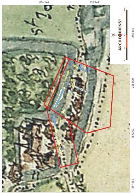Afbeelding 5: aangetroffen archeologische sporen bij benadering geprojecteerd op de kaart van Jacobus van Deventer Bekende archeologische waarden ARCHIS en AMK In ARCHIS staat enkele archeologische