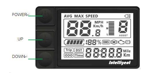 LCD DISPLAY INTELLIGENT Aan/uit knop Druk de aan / uitknop 1,5 seconden in en het display zal aan of uit gaan. Na circa 5 minuten schakelt het display automatisch uit.