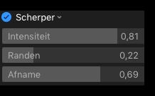 Scherper: met deze schuif versterk je of verzwak je de scherpte-indruk van de foto Definitie: hiermee bepaal je de levendigheid van de foto.
