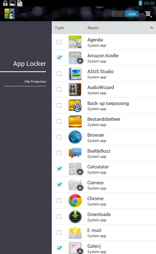 Het scherm App Locker Tik hierop om de instellingen van App Locker te configureren. Verplaats de schuifregelaar naar rechts om de app-lijst te activeren. Tik op de apps die u wilt vergrendelen.