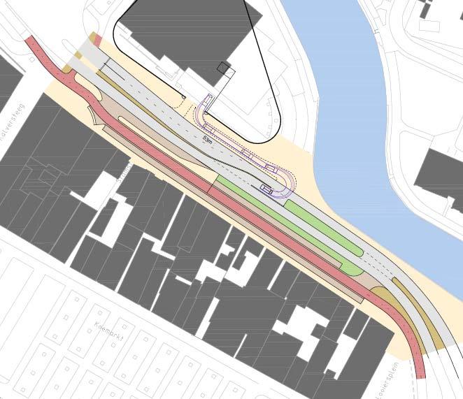Als eerste verkenning hebben we twee varianten uitgewerkt voor de optimalisatie van de Achterdijk, voor zowel de ontsluiting van de parkeergarage, de positie van de bushalte, de fietsstructuur en de