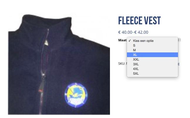 In dit voorbeeld willen wij een Fleece vest bestellen. Kies onder de afbeelding van het Fleece vest op Opties selecteren.