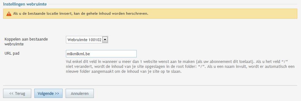 Als uw abonnement het toelaat om meerdere websites op één abonnement te herbergen, kan u een andere URL pad opgeven.