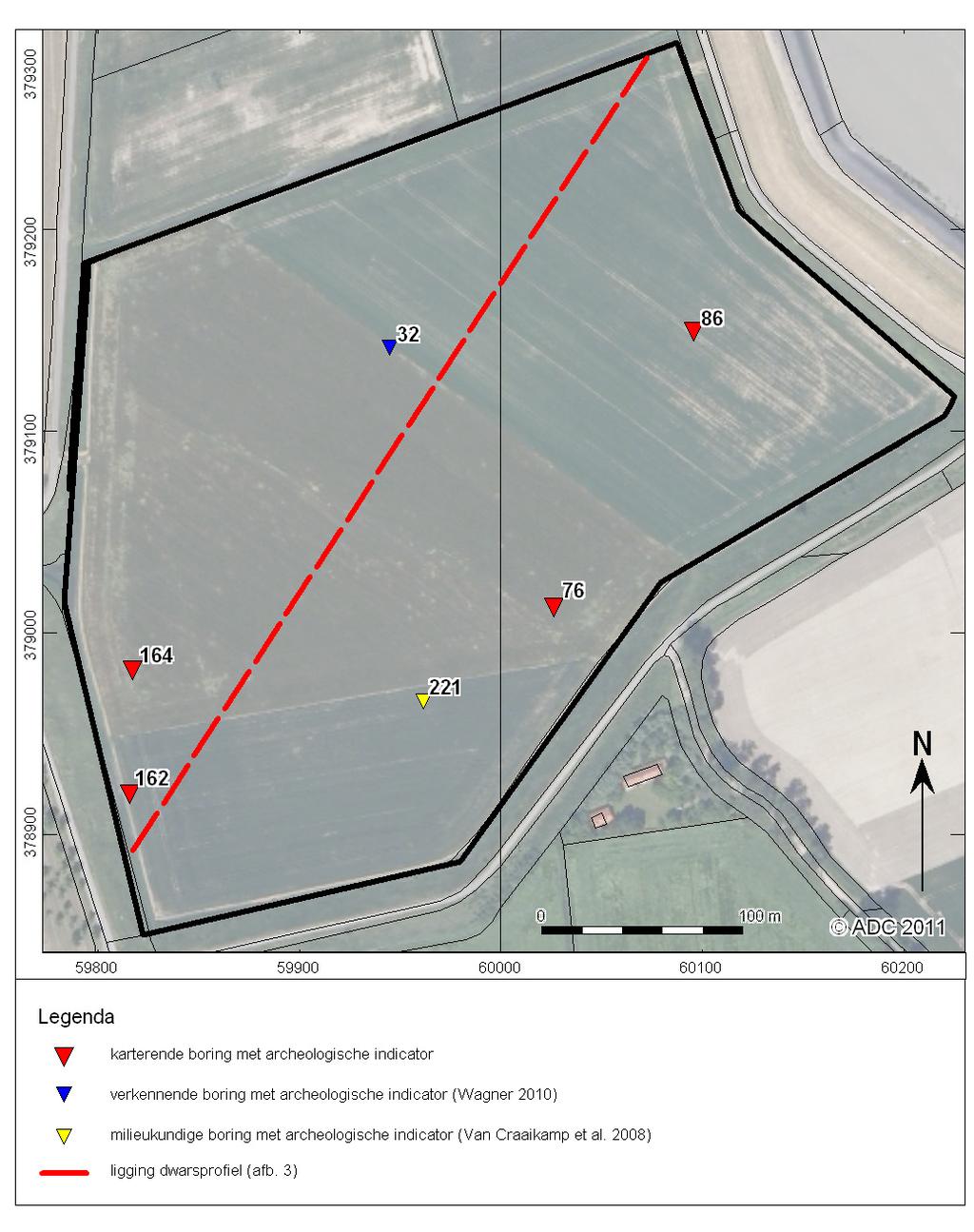 Afb. 4 Ligging van de boorpunten met een archeologische