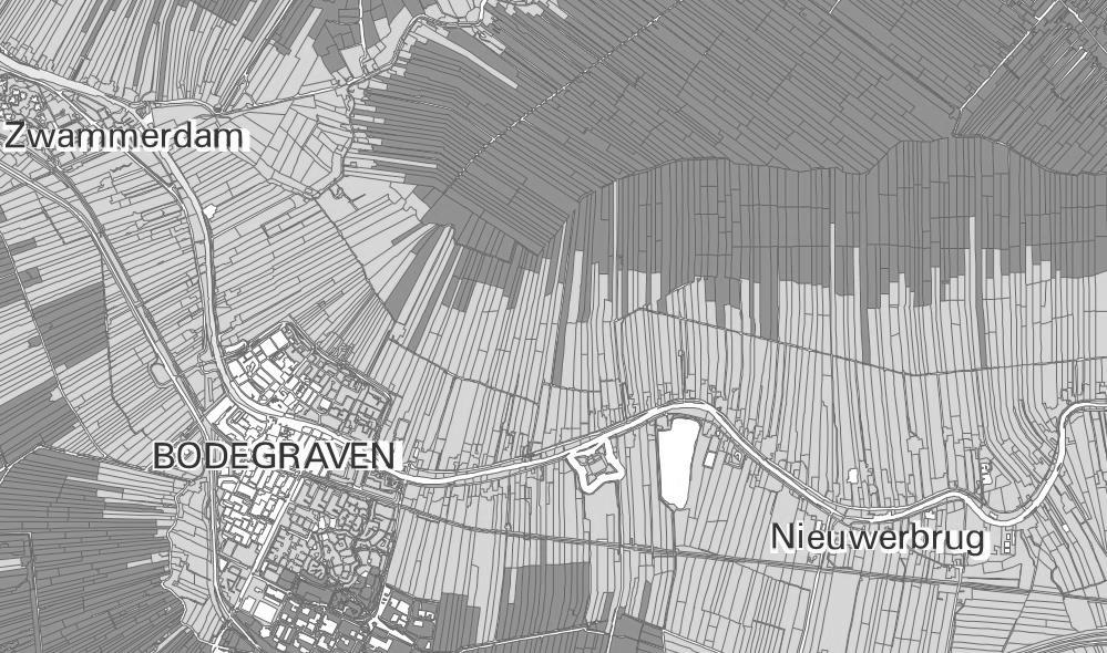 Afbeelding 2. Door vroegere overstromingen bevindt zich aan weerszijden van de Oude Rijn een laag klei (geel op de kaart) op het veen (paars op de kaart) (bron: http://www2.hetlnvloket.