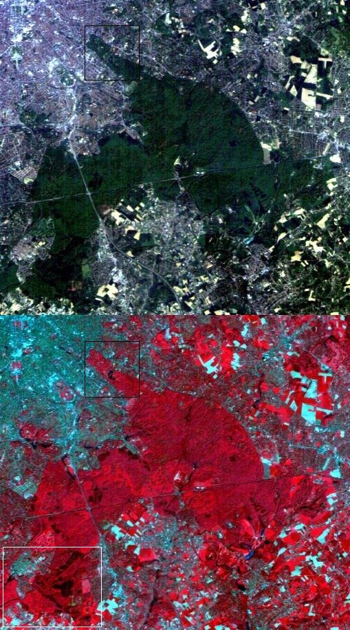 Zoniënwoud - Landsat 5 TM Links, ware kleurencomposiet: bande 3 rouge rood band 2 vert groen bande 1 bleu blauw Recht,,
