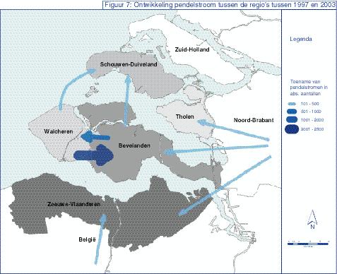 Walcheren en de Bevelanden. In beide regio s is de pendel uit de andere regio toegenomen.