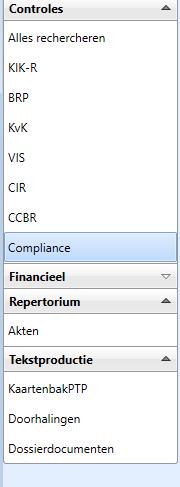 Dossiers (zaken) De controle kan uitgevoerd worden voor zowel een NP als een RP. Als u de Compliance controle uit wilt voeren krijgt u de beschikking over de knop [Compliance controle].