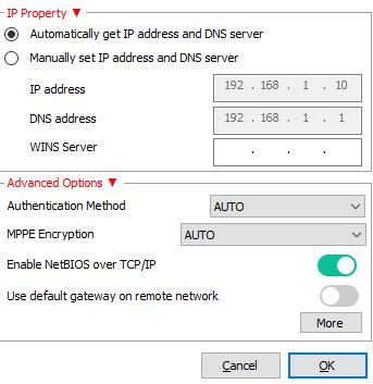 Enkele extra mogelijkheden bij het inrichten/opzetten van een VPN profiel: IP Property: Hier geeft u aan of op basis van DHCP of Static een VPN verbinding moet worden opgezet.