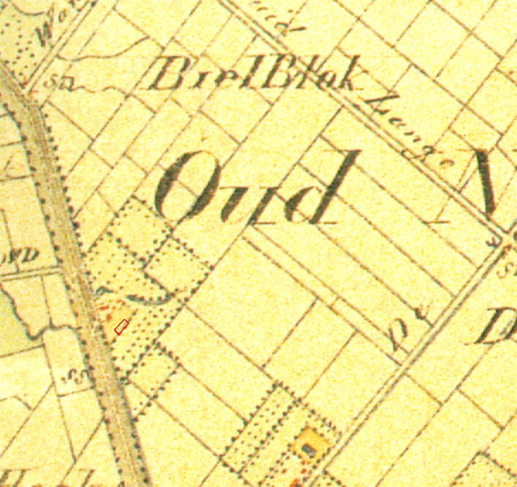 Afbeelding 11. De ligging van het plangebied (rood omkaderd) geprojecteerd op een uitvergrote uitsnede van de Topografische Kaart uit 1856-1858. Schaal 1: 10.000.