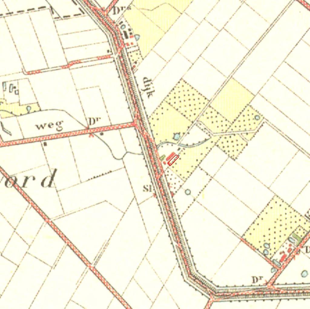 Afbeelding 12. De ligging van het plangebied (rood omkaderd), geprojecteerd op een uitvergrote uitsnede van de Topografische Kaart uit 1912. Schaal 1: 10.000. 3.