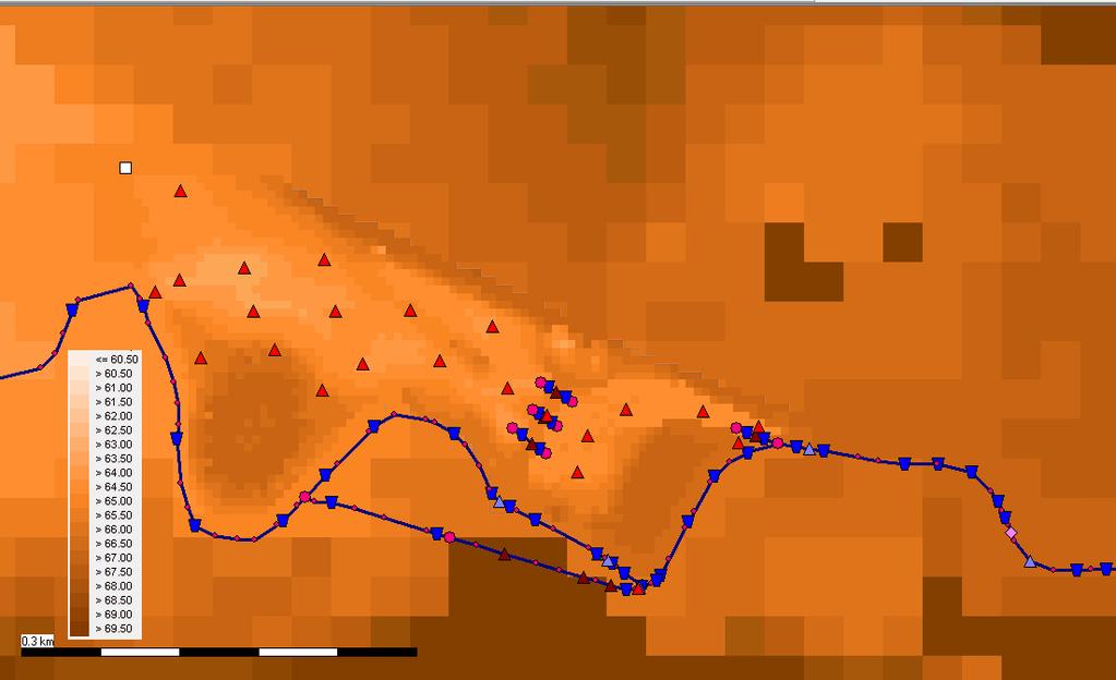 Figuur 4-2: 2D-grid van het plangebied en aanpassingen inlaat en duikers De weg door het plangebied heeft overal een gelijke hoogte van ca. NAP +66,0 m.