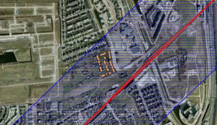 Figuur 2.1: Geluidszone spoorlijn (blauw; indicatief; luchtfoto: Google Earth) 2.2.2 Geluidscriteria Voor de nieuwe woningen geldt voor de geluidsbelasting ten gevolge van het railverkeer een voorkeursgrenswaarde van 55 db.